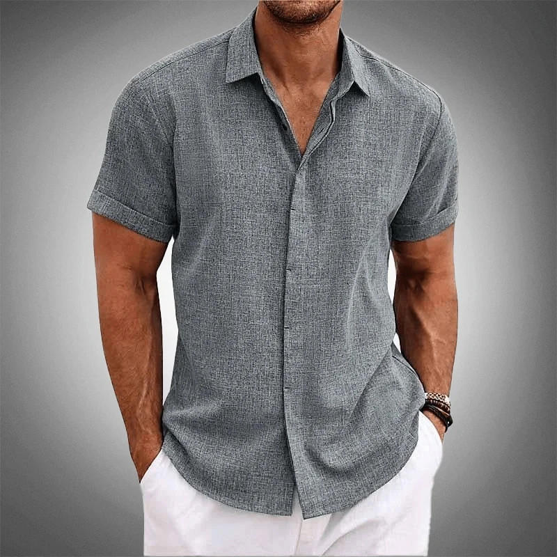 Description Picture 4 of itemNew 2024 turndown collar short-sleeved linen summer shirt men casual fashion shirts for men solid comfortable shirt mens US SIZE