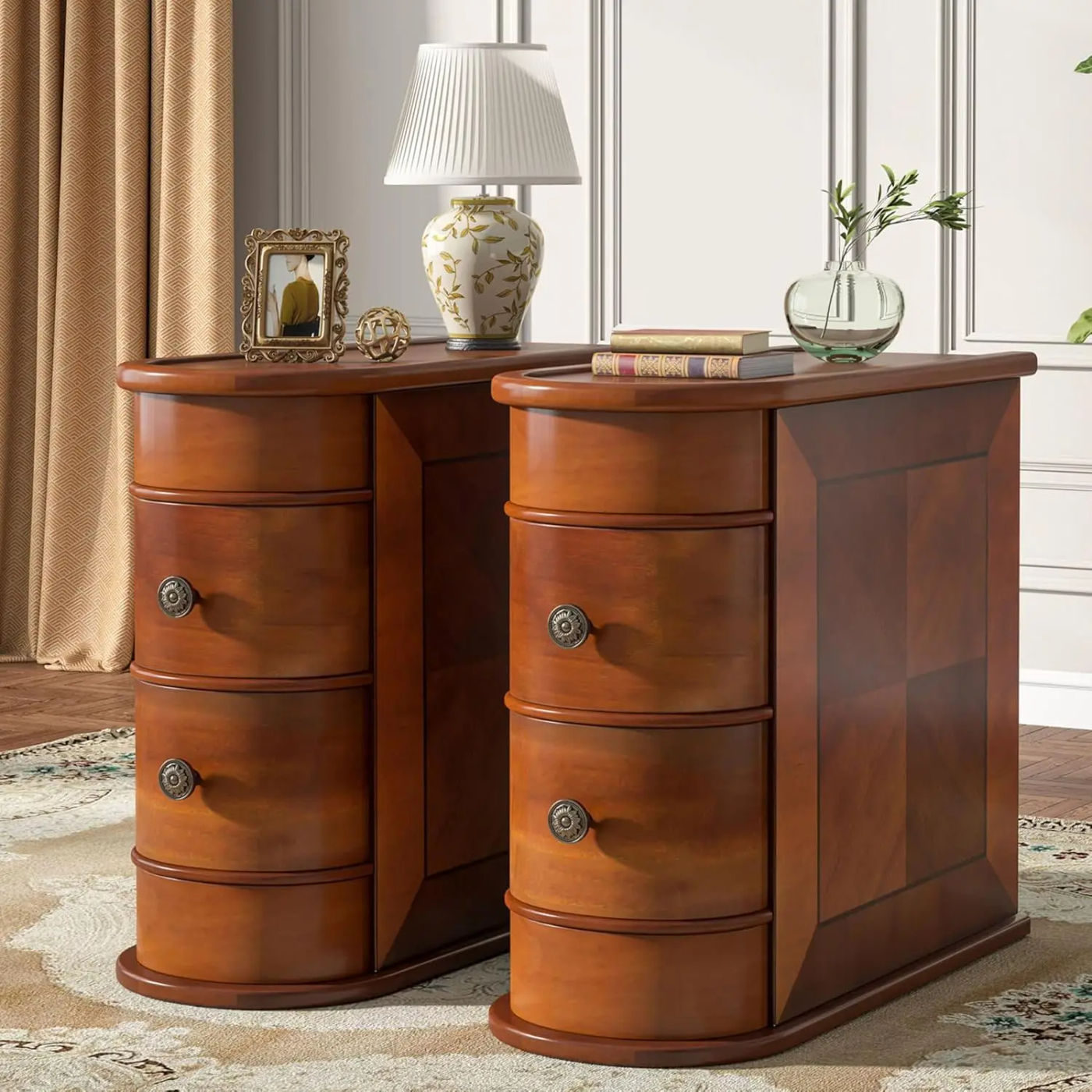 Description Picture 2 of itemTribesigns Wood End Table Set of 2, Narrow Solid Side Table 2-Drawer Slim Chair Side Table, No Assembly Required, Finished Back,