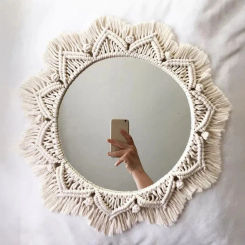 Boho Wall Mirror Decor Round Macrame Hanging Wall Art Decoration for Bedroom Nursery Living Room Apartment Office Entryways Home