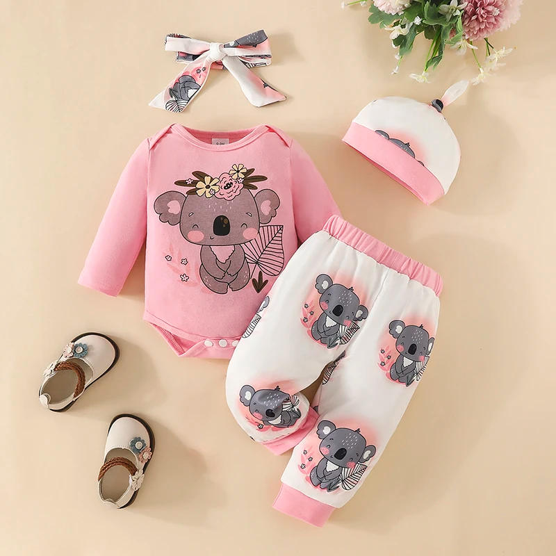 Description Picture 2 of itemBaby Girls 4PCS Pants Sets Pink Long Sleeve Romper Koala Print Pants Headband Hat Sets