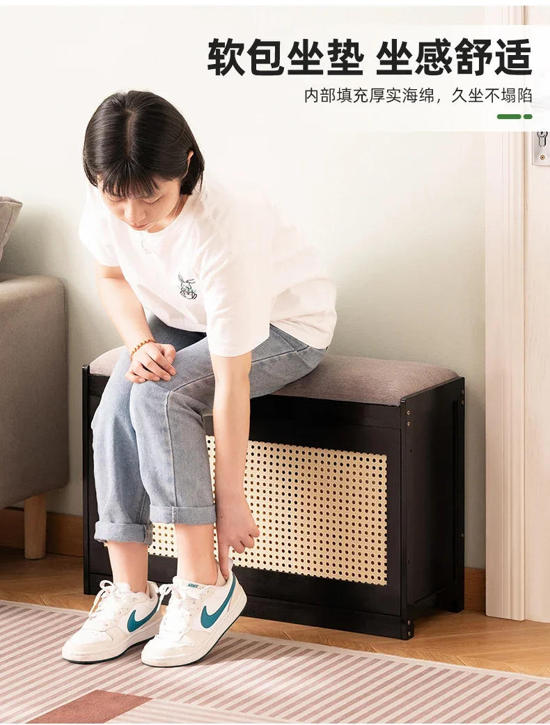 Description Picture 5 of itemSimple Shoe Cabinet stool Natural Bamboo Changing Shoe Stool Tipping bucket storage Shoe Stool Soft Bag Cushion Entrance Bench