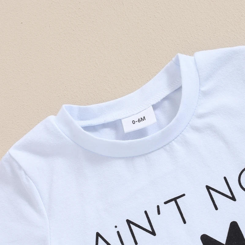 Description Picture 5 of itemBaby Boy 2 Piece Outfits Round Neck Short Sleeve Letter Print Tops Elastic Waist Shorts Summer Set for Infant Toddler