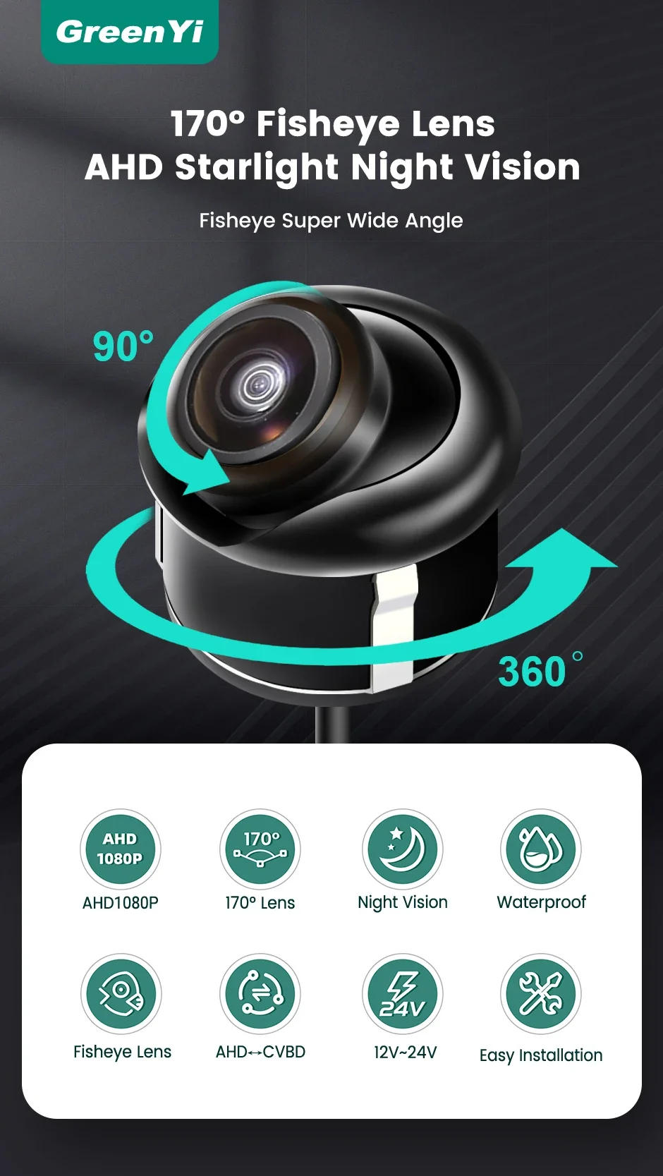 Description Picture 2 of itemCar Rear View Camera 360° Adjustable AHD1080P Mini Side/Front/Backup Night Vision Universal Reverse Camara For Android Monitor