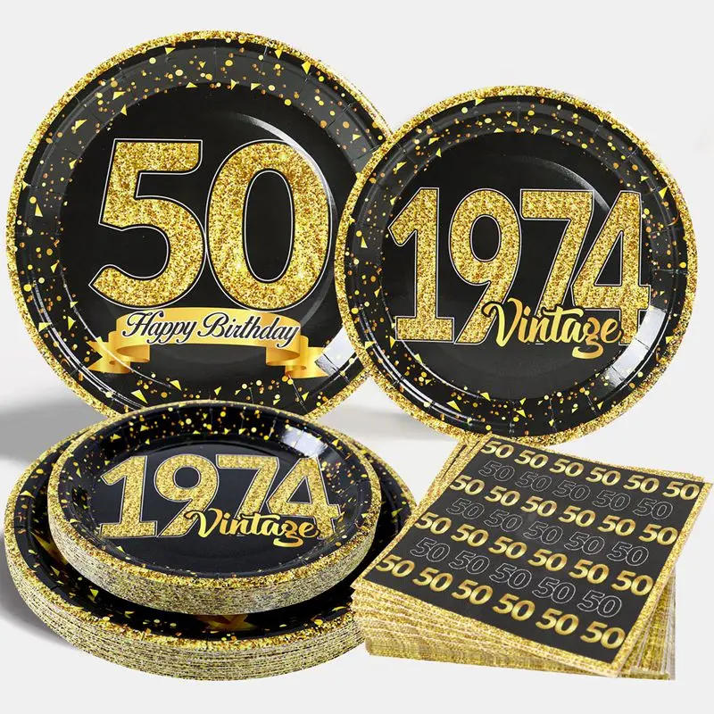 Description Picture 2 of item50th Black Gold Birthday Disposable Tableware Paper Plate Towels 50 Birthday Party Decoration 50th Birthday Birthday Anniversary