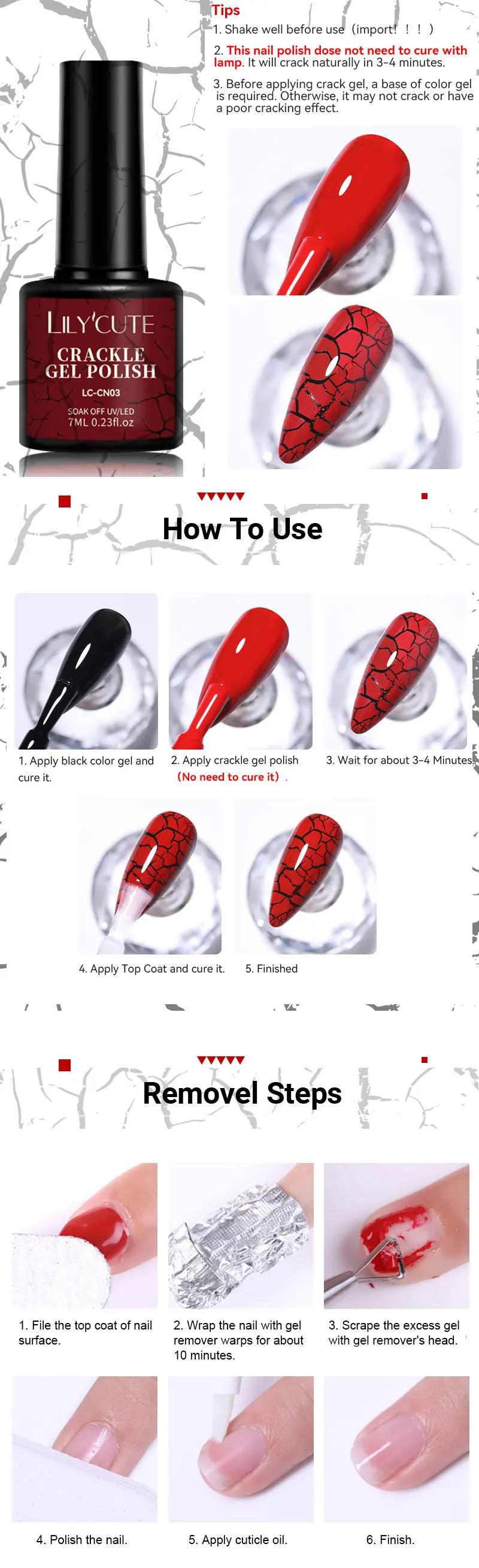 Description Picture 6 of itemLILYCUTE 7ml Crackle Gel Nail Polish Cracking Nail Gel Quick Dry Nail Art Varnishes Hybrid Semi Permanent Soak Off Base Top Coat