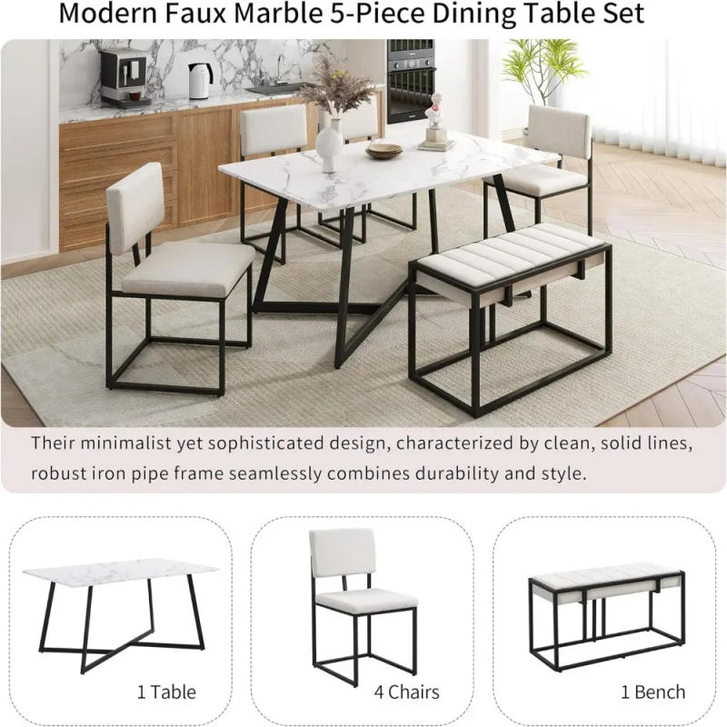 Description Picture 4 of itemDining Room Sets, 6-Piece Dinings Table Set, Metal Frame and Upholstered 4 Dinings Chairs& Bench, Dining Room Sets