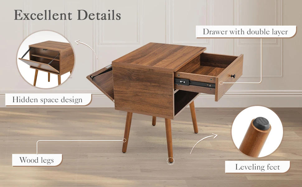 Description Picture 4 of itemHidden Compartment Night Stand Set 2, Mid Century Modern Concealment Furniture, End Table with Storage Drawer, Bedside Table