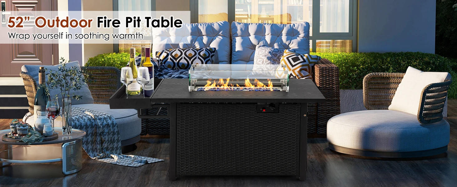 Description Picture 2 of itemGiantex 52" Outdoor Propane Fire Pit - 50,000 BTU Wicker Patio Gas Fire Table w/Lid, Waterproof Cover, Tempered Glass Wind