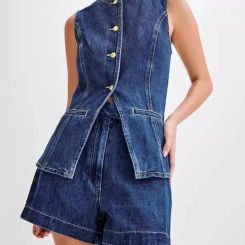 Denim Two Pieces Sets Women Fashion Slim Sleeveless Button Vest Top Wide Leg Shorts Suits 2024 Summer Y2K Office Lady Outfits