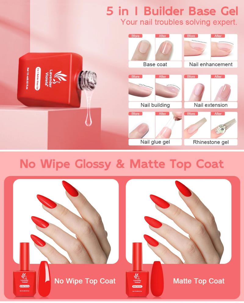 Description Picture 3 of item4pcs 15ml Nail Primer & 5 in 1 Builder Base Gel & Glossy Top Coat & Matte Top Coat for Beginner Use Home Salon Nail Art Design