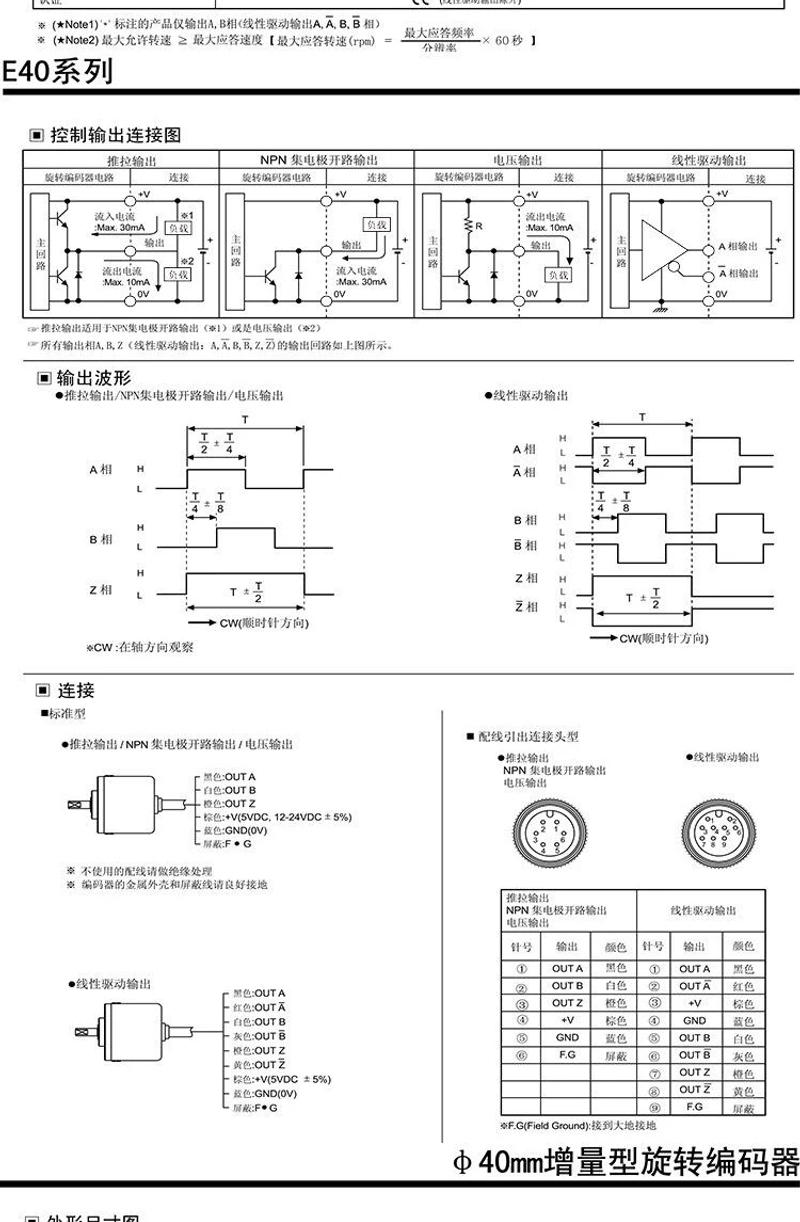 Description Picture 3 of itemE40S6-1000-3-T-24 Rotary Encoder 100 200 360 500 600 1000 1024 1200 2000 2500 3-T-24 3-N-24 6-L-5 3-V-24 3-T-5 12-24VDC ABZ