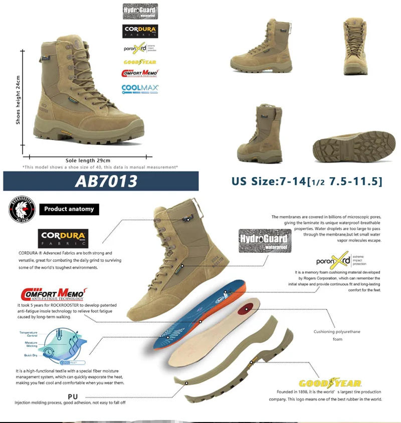 Description Picture 5 of itemROCKROOSTER cowhide Hiking Boots Tactical Desert Combat Boots Men waterproof hunting boots Male high top trekking Ankle Sneakers