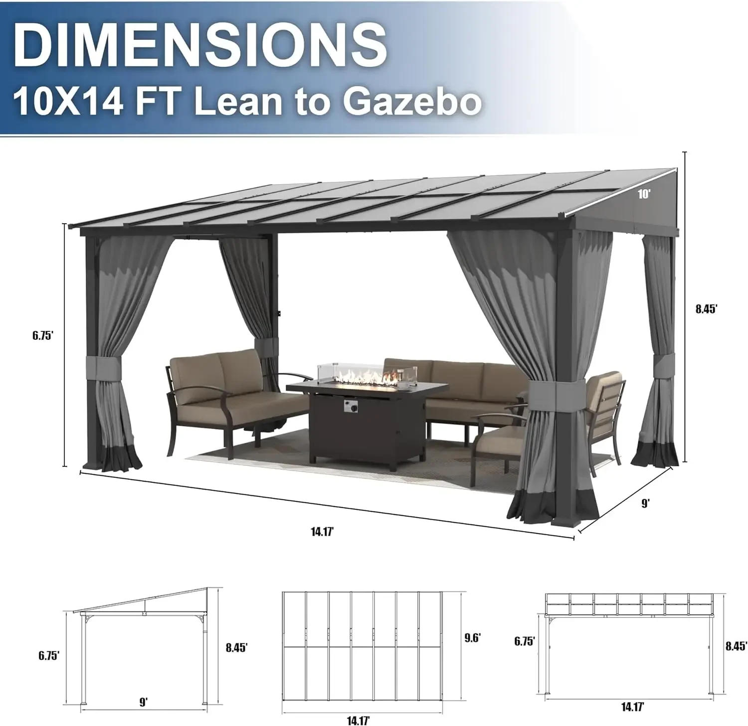 Description Picture 6 of item10 x 14 FT Outdoor Gazebo, Hardtop Wall Mounted Gazebos with Sloping Sun Panel Roof, Double Curtains, Gazebo