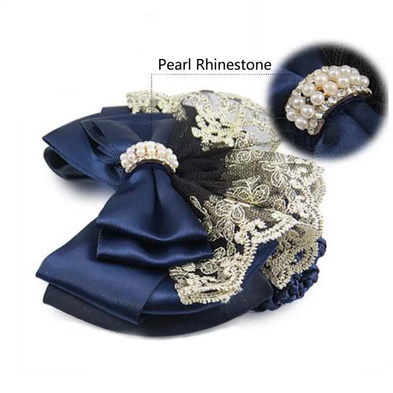 Description Picture 5 of itemWomen Snood Pearl Flight Attendant Floral Lace Barrette Hair Clip Lace Bow Bow Hair Net Hairgrips