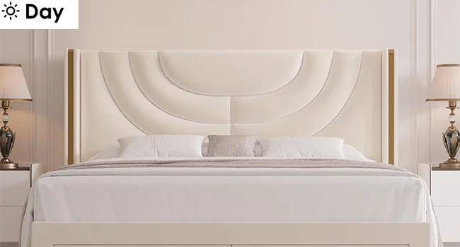 Description Picture 4 of itemLarge Padded LED Bedstead with 2 Storage Drawers, Velvet Platform Bed, Headboard with Wing Back, Solid Wood Flat Noodles Support