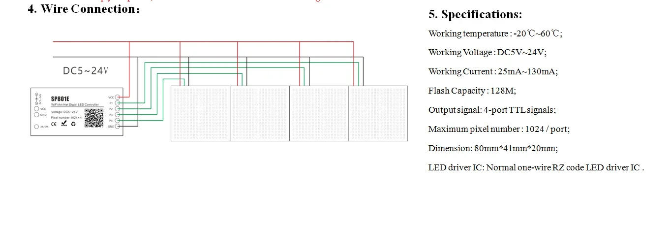 Description Picture 4 of itemSP801E DC5V-24V 12V Art-Net Magic LED WIFI Controller Matrix Panel Module WS2812 WS2811 Light Strip Wireless Control IOS Android