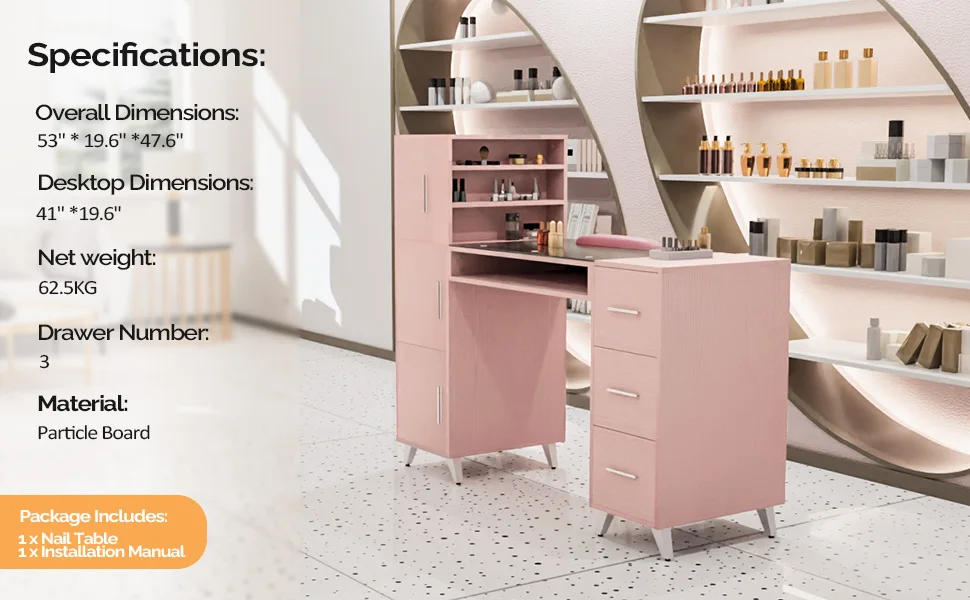 Description Picture 3 of itemManicure Table Nail Desk for Nail Tech w/Glass Top & Wrist Rest, Beauty Salon Nail Supplies Decor Workstation Acetone Resistant