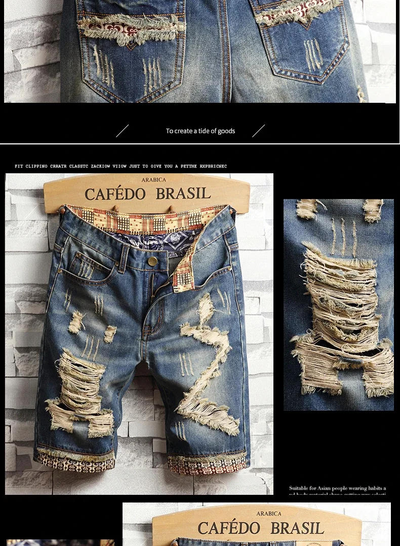Description Picture 3 of itemSummer Men's Hole Ripped Denim Shorts Casual Straight Fit Retro Biker Short Pants Male Brand Streetwear Clothing