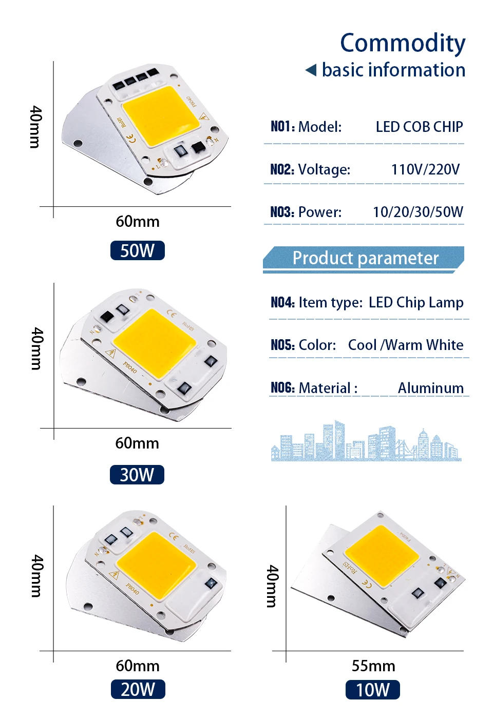 Description Picture 3 of itemLED Chip 50W 30W 20W 10W COB Chip Lamp AC 220V 110V Smart IC No Need Driver for DIY Led Flood Light Spotlight Lampada Lighting