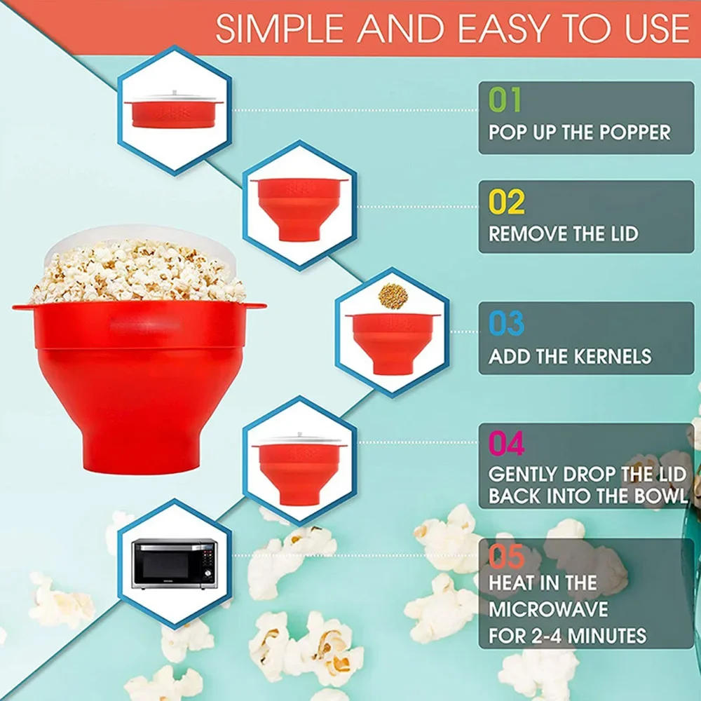 Description Picture 3 of itemDIY Make Popcorn Bucket Bowl with Lid Bowls Microwave Silicone Popcorn Maker Food Grade Foldable High Quality Kitchen Easy Tools