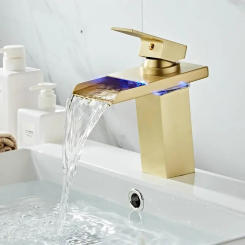 Bathroom Waterfall Faucet LED Brushed Gold Brass Basin Mixer Tap Deck Mounted Sink Tap