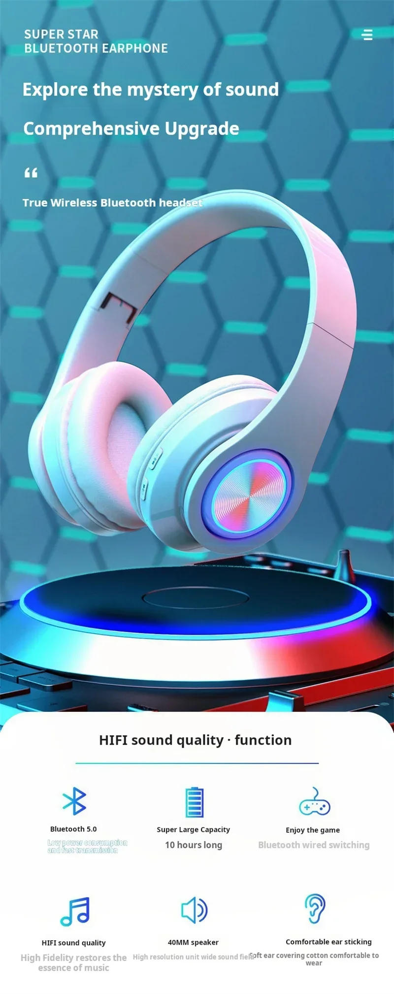 Description Picture 2 of itemHead-Mounted Gaming Headphones Blutooth Surround Sound Stereo Wireless Earphone with Micro Phone Colourful PC Laptop Headset