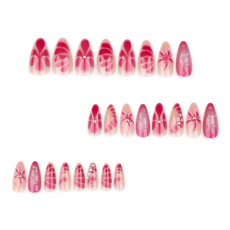 Description Picture 3 of item24Pcs Sweet Cool Almond Nail Set Press on Acrylic Nails 3D Floral Butterfly Fake Nail Full Cover French Tip Artificial Nails Art