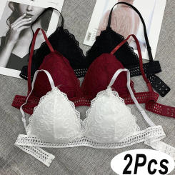 Women Bralette French Lace Bra No Steel Ring Beauty Back Wrapped Chest Soft Deep V Brassiere Girls Triangle Cup Padded Underwear