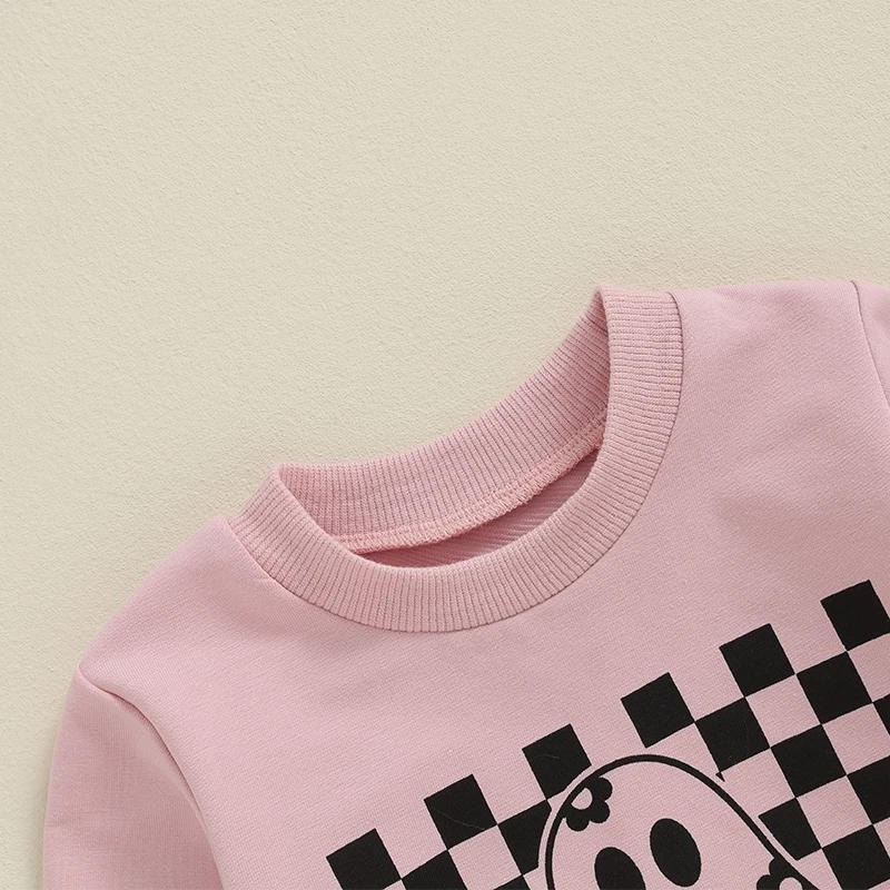 Description Picture 5 of itemLittle Girls Halloween Pants Sets Long Sleeve Ghost Checkerboard Print Tops Solid Color Pants Sets