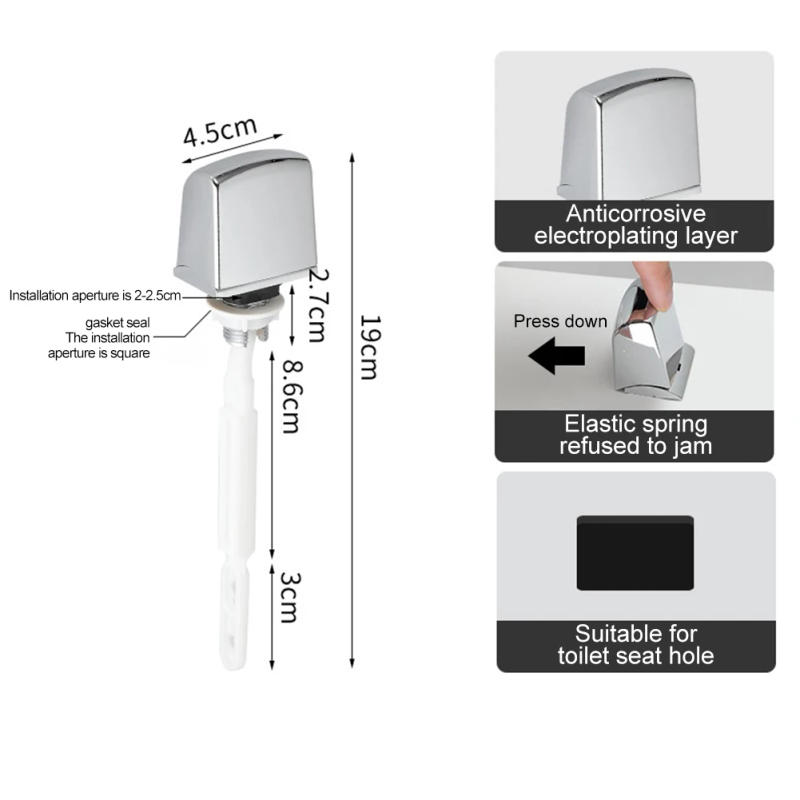 Description Picture 6 of item1pc Universal Toilet Flush Lever Switch Button Side Front Tank Replacement Push Button ABS Chrome Bathroom Toilet Parts