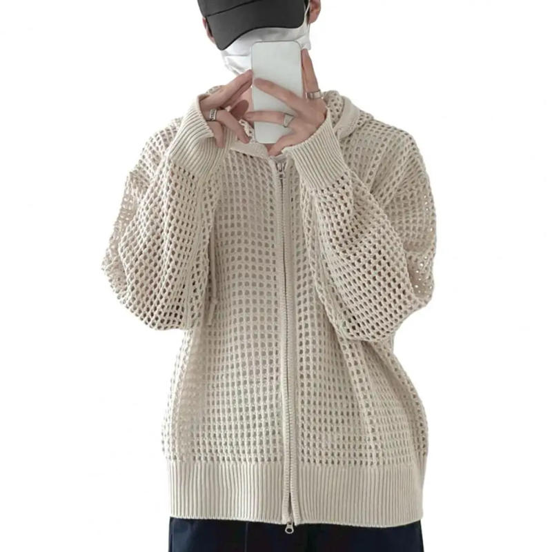 Description Picture 2 of itemMen Knitted Jacket Polyester Fiber Jacket Hooded Hop Cardigan Men Sweater Long Sleeve Zipper Closure Solid Hollow-out Closure