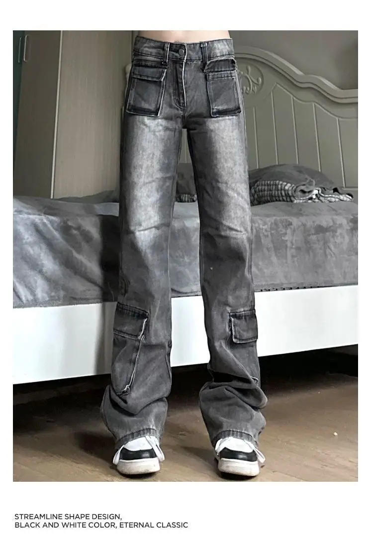 Description Picture 2 of itemAmerican High Street Design Personalized Multi Pocket Jeans Trendy Men and Women Washed Trendy Micro Horn Retro Casual Pants y2k