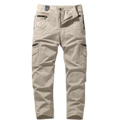 Men Pants Multi Pockets Solid Color Loose Straight Mid Waist Soft Cotton Zipper Decor Casual Streetwear Men Long Trousers