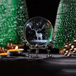 1Pc 2.4 inch (60mm) 3D Laser Engraved Christmas Deer Crystal Ball with Silver Plated Trellis Home Art Decoration Christmas Gifts