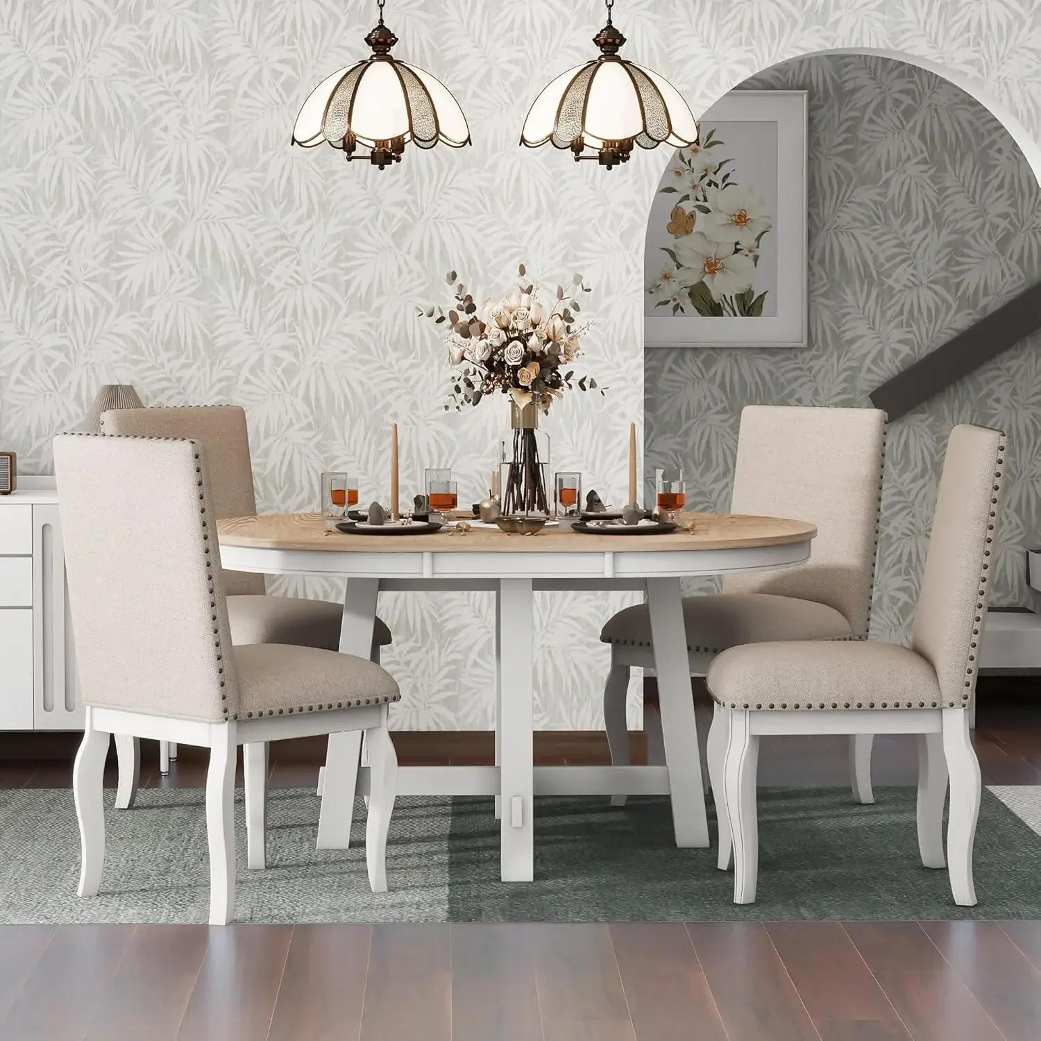 Description Picture 2 of item5-Piece Round Dining Table Set, Wood Farmhouse Round Extendable Dining Table and 4 Upholstered Dining Chairs for 4 Person