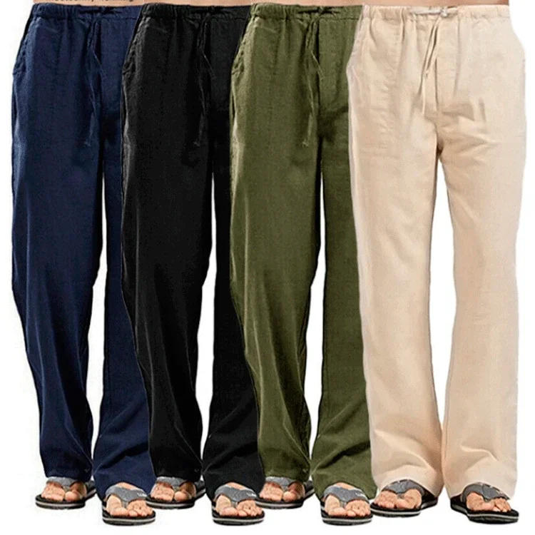 Description Picture 3 of item2024 New Large Men's Pants Breathable and Sweat-absorbing Basic Casual Wide Leg Pants Solid Cotton Hemp Men's Pants