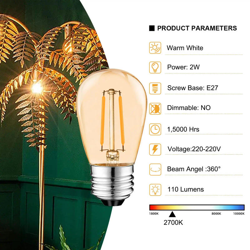 Description Picture 3 of itemS14 Vintage Led Filament Bulb E27 2W Amber Plastic ST45 LED bulb Warm White 2700K Edison Light Lamp IP44 For String Lighting