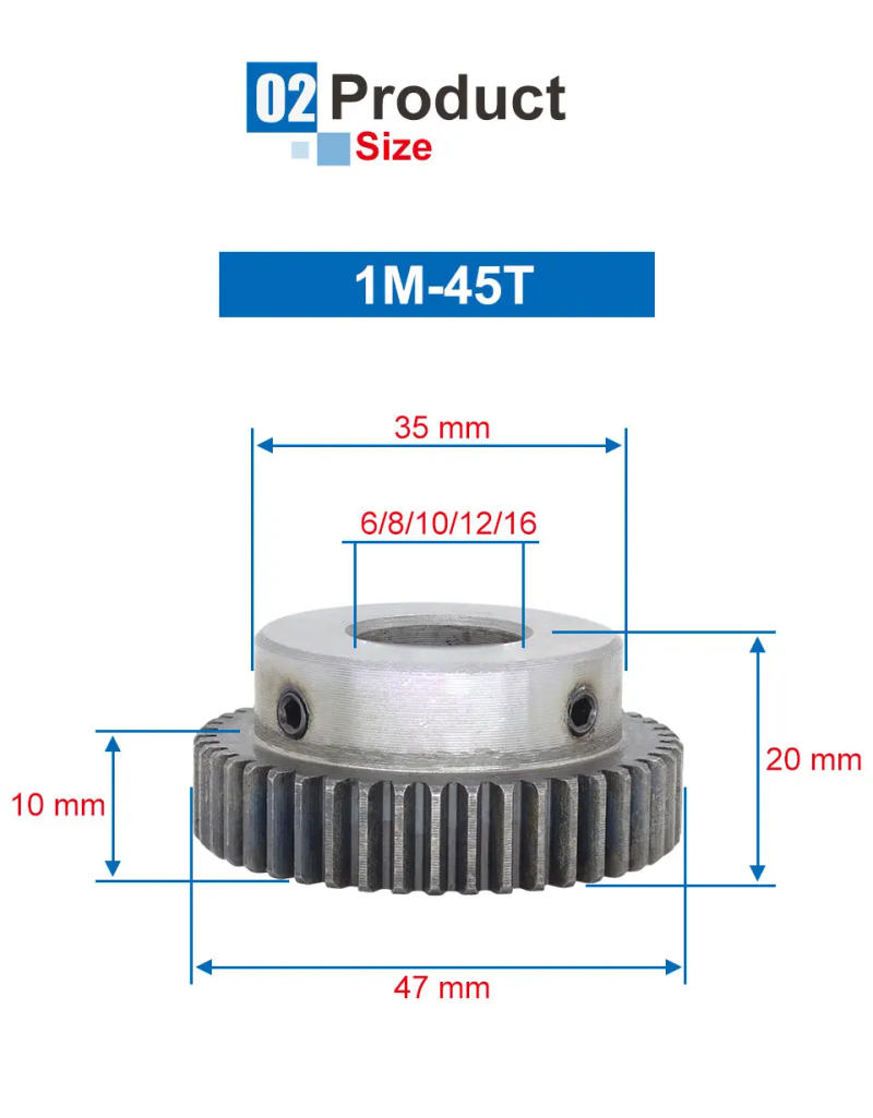 Description Picture 4 of item1 Piece 1M45T Spur Gear Bore Size  6/8/10/12/16 mm Motor Gear Low Carbon Steel Material High Quality Metal Gear For Motor