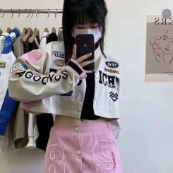 2023 Spring Autumn Street Leisure Loose Pink Brand Motorcycle Style Racing Coat Women Detachable Two Wear Jacket Top Female