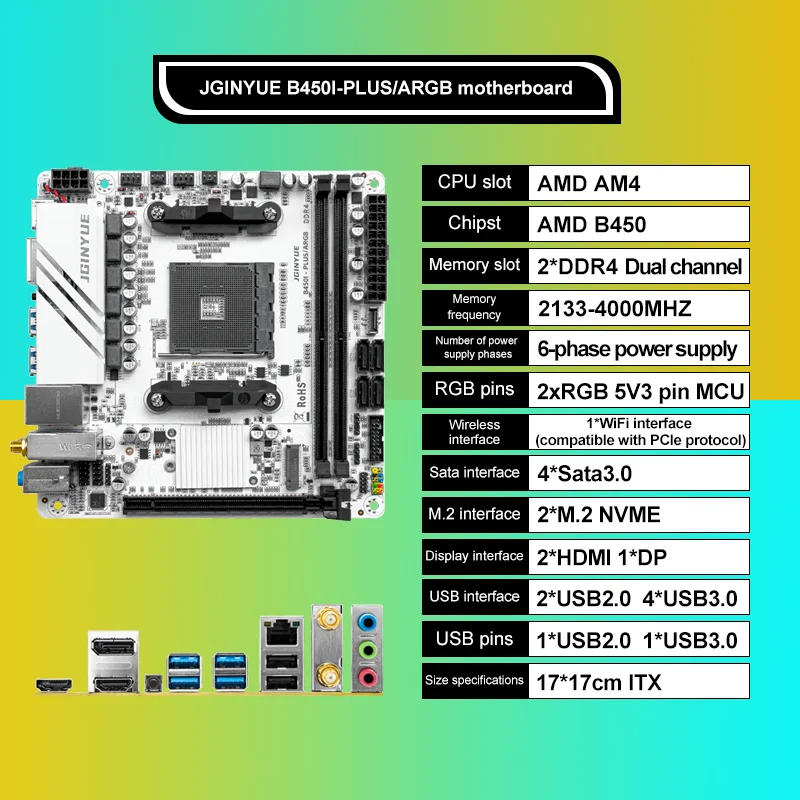 Description Picture 2 of itemJGINYUE AMD AM4 ITX Motherboard supports Ryzen R3 R5 R7 1/2/3/4/5 series CPU DDR4 RAM Desktop PC PCI-E 3.0 B450I-PLUS ARGB MB