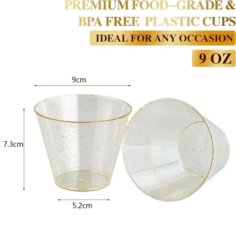 Description Picture 5 of item50/100Pcs Christmas Gold Glitter 9oz Clear Plastic Cups with Fun Tumbler Straws Disposable Drinking Cups with Paper Straws