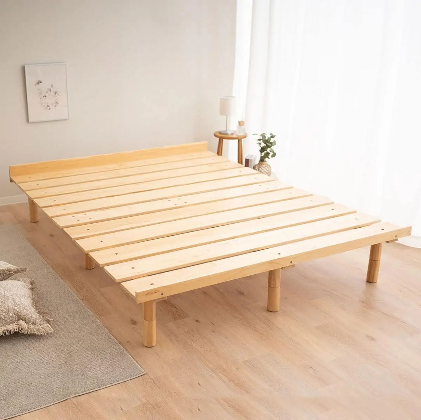 Description Picture 2 of itemWood Slatted Floor Bed Frame Queen for Japanese Futon Mattress Solid Pine Earth Natural Height Adjustable Tatami Mat