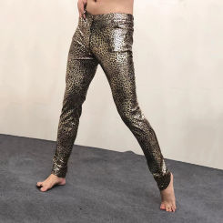 Mens 70s Disco Dance Stage Pu Leather Pants Sexy Leopard Metallic Stretch Trousers Mens Nightclub Party Prom Pantalones Hombre