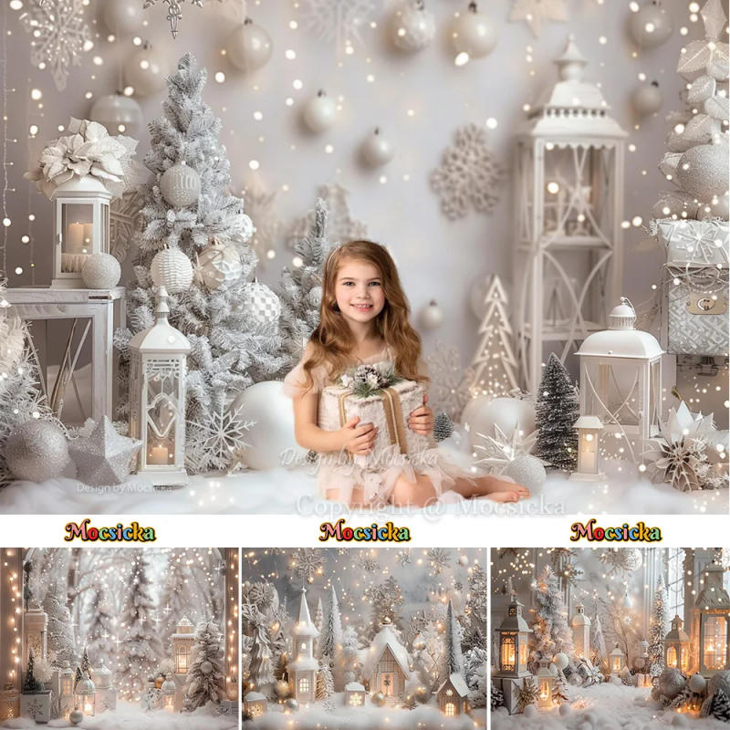 Description Picture 2 of itemWhite Christmas Photography Background Silver Xmas Tree Decor Ball Lantern Shiny Backdrop Kid Winter Dreamy Birthday Party Photo