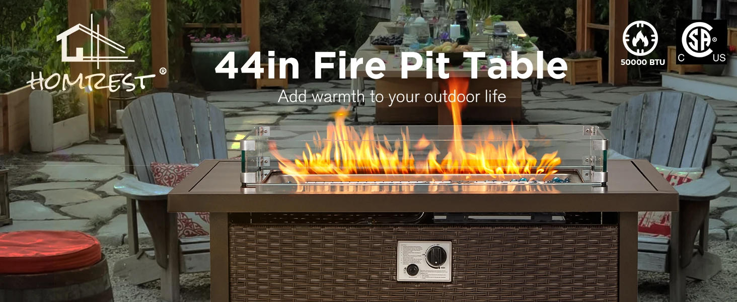 Description Picture 2 of itemHOMREST 44in Outdoor Propane Gas Fire Pit Table, 50,000 BTU Auto-Ignition Gas Firepit with Glass Wind Guard, Black Tempered