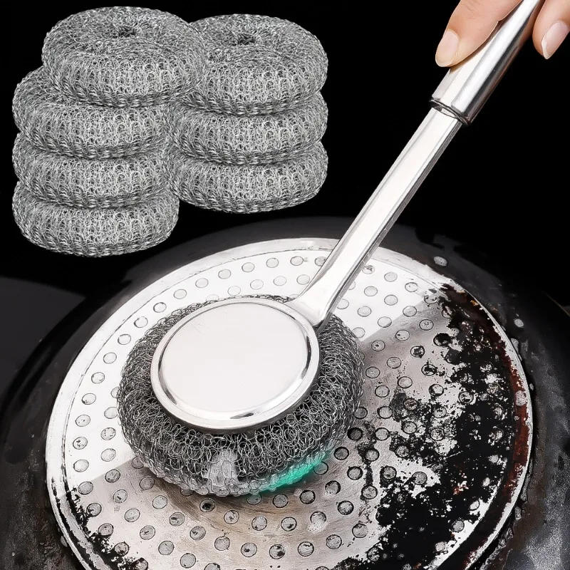 Description Picture 2 of itemSteel Wire Ball Pot Brush Kitchen Pan Dishes Cleaning Brush Long Handle Metal Wool Scourer Strong Decontamination Cleaning Wipe