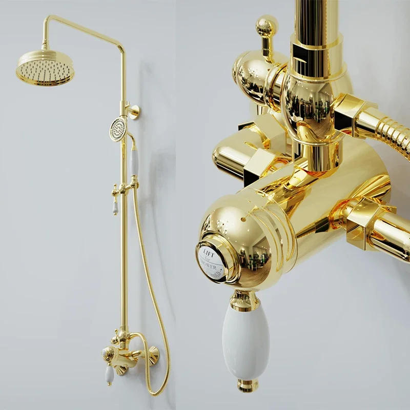 Description Picture 3 of itemBathroom Shower Set Wall Mounted Gold Single Lever Classical Faucet Bath & Mixer Tap Brass Shinning Gold