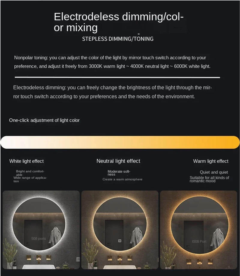 Description Picture 3 of itemRound Bathroom Mirror Lights Led Bright Magnifying Smart Bathroom Mirror Anti Fog Espejo Con Luz Shower Accessories