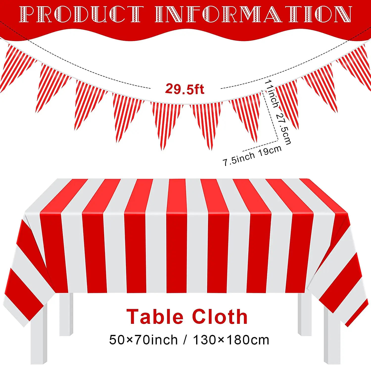 Description Picture 4 of itemCircus Birthday Party Decor Red White Striped Disposable Tableware Sets Plates Cups PE Tablecloth Napkin Knives Forks Supplies