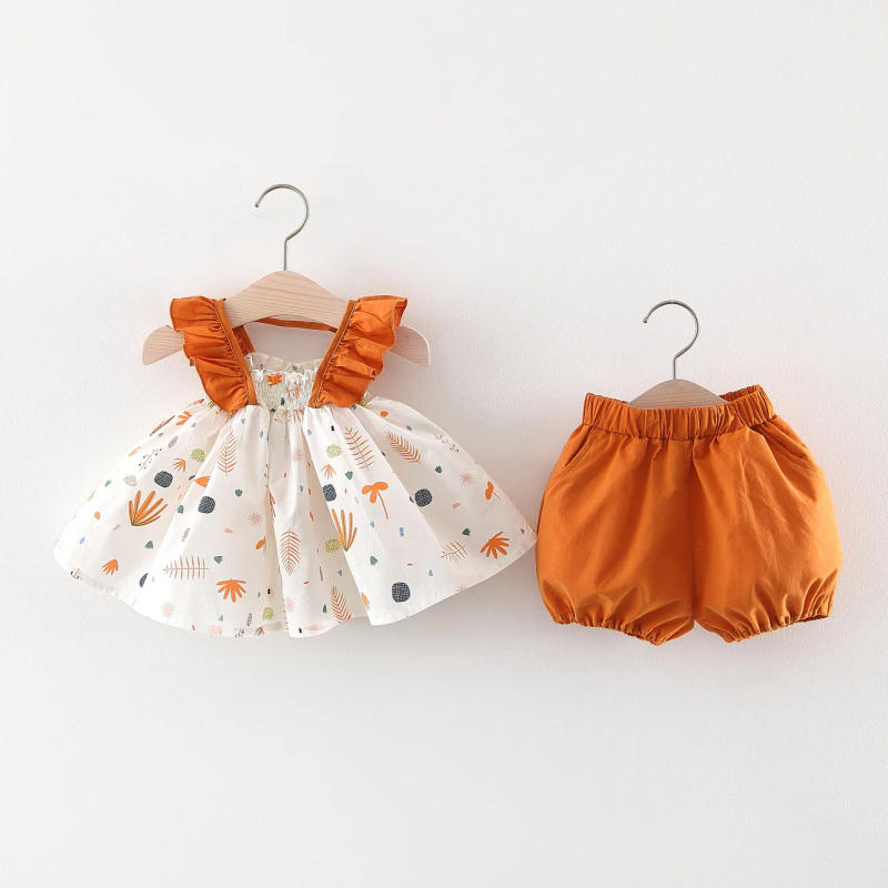 Description Picture 3 of itemSummer baby girls suit printed fly sleeve suspender top solid color shorts cute casual holiday two-piece set